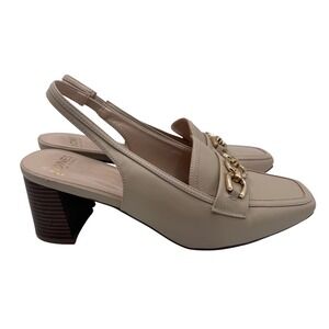 Jones New York Aubleen Pump Women 9.5M Beige Gold Chain Slingback Block Heel